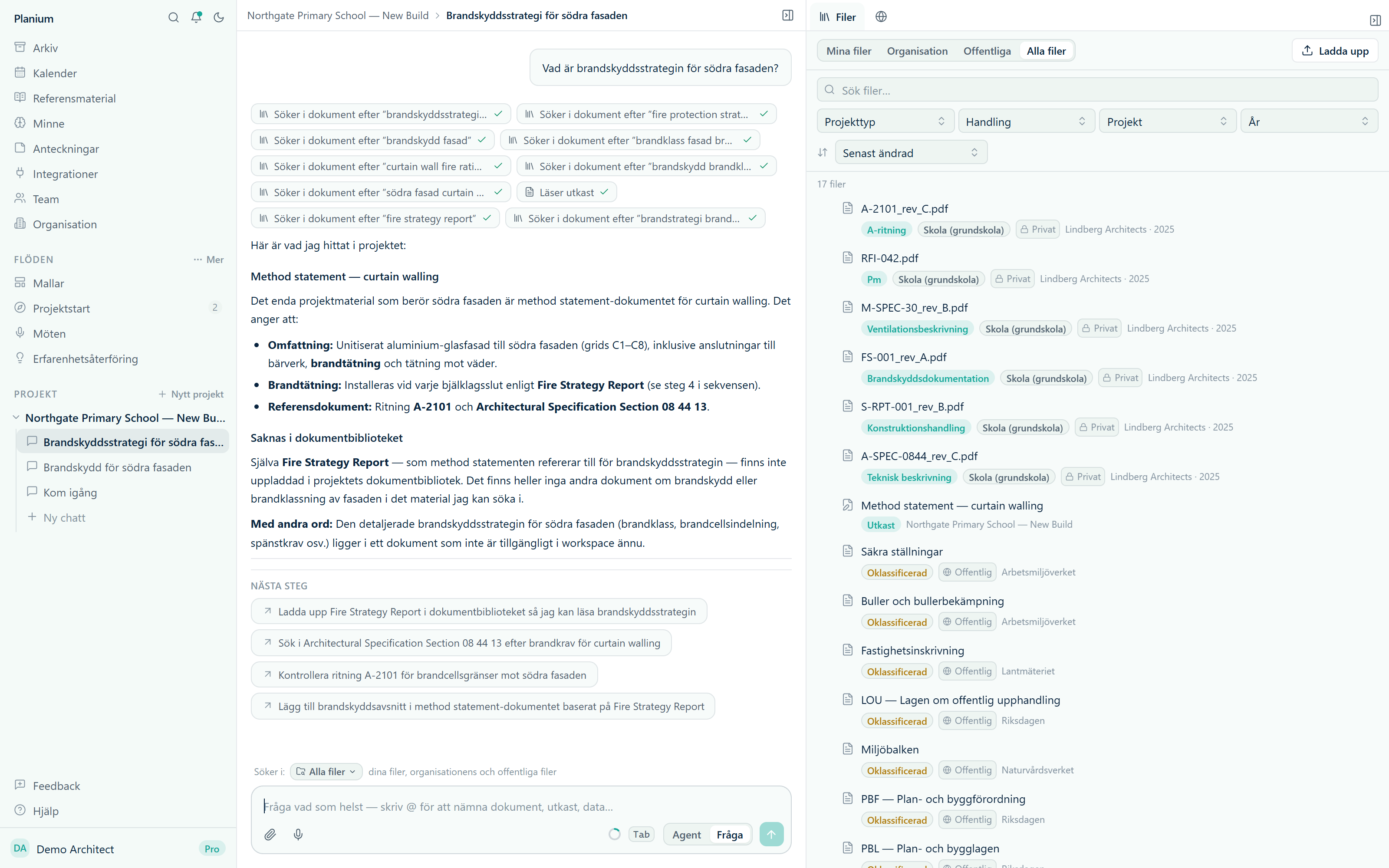 The Planium workspace: projects in the sidebar, AI chat in the middle, and the file panel on the right